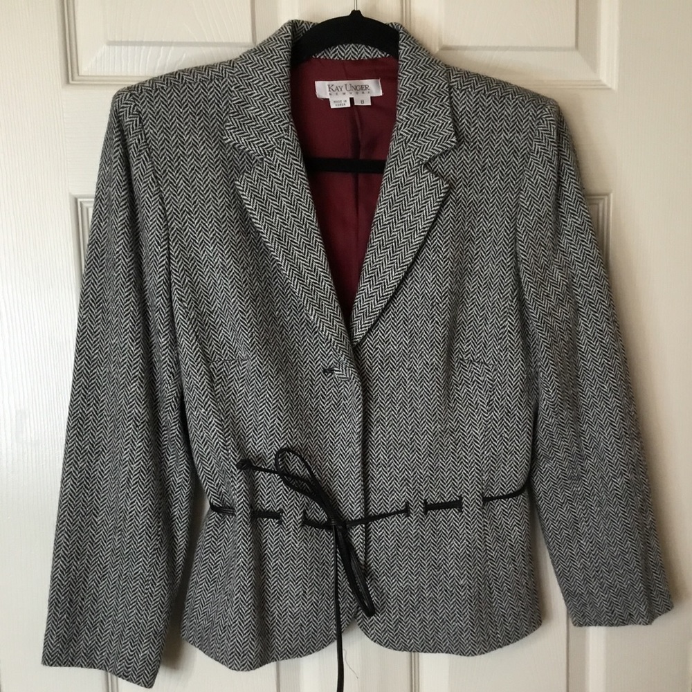 Kay Unger Black & White Herringbone Tweed Wool Blend Blazer - 8